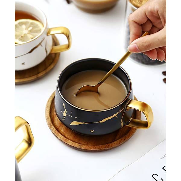 Porcelæn Te Kop Kaffe Kande Sæt til Eftermiddagste - Marmor Mønster (Sort, Kort 300ml + Træ Underkop)
