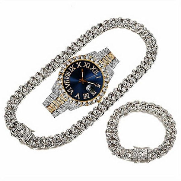 Trendikäs Hopea-Sininen Kellonsetti Lahjakotelossa Miesten Jäällä Koristeltu 12mm Kuubalainen Ketju Kaulakoru Ranneke Kellonsetti Hip Hop Ketju Jää Korut Miesten Korut Silver Blue2
