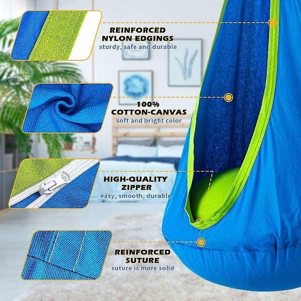 OUTREE Pod Swing Stol for Barn 100% Bomull Hengekøye Stol for Innendørs og Utendørs bruk light blue