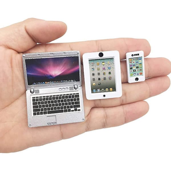 3-pak Dukkehus Mini Laptop, Tablet og Smartphone, Scene Computer Simulationstilbehør til Dukke 1/6 1/12 Miniaturer Sølv