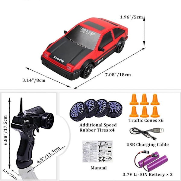 RC Driftbil, 15 km/t, ripebestandig, lett, oppladbar, lav friksjon, fjernstyrt bil Red