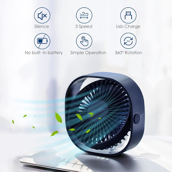 Pieni USB-pöytätuuletin, hiljainen, kannettava, 3 nopeusasetusta, 360° säädettävä kääntö kotikäyttöön ja matkoille (ei akkua) Dark Blue