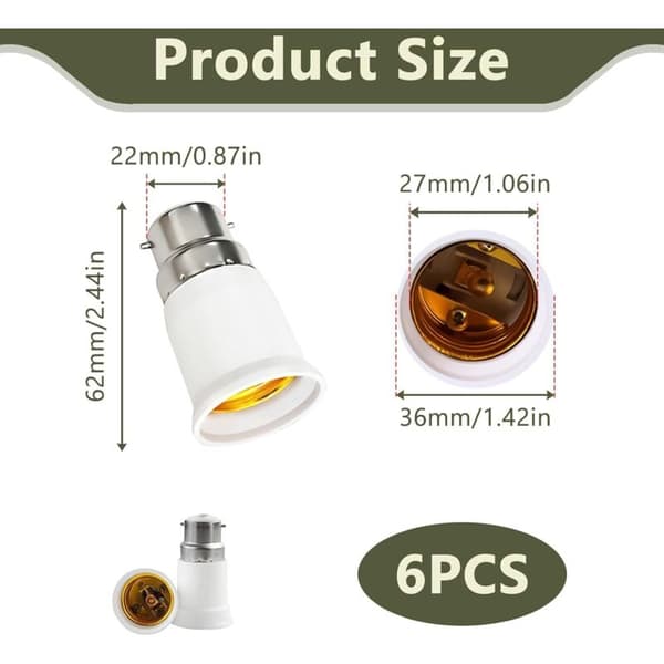 6-pak B22 til E27-adapter, bajonet til skruepære-adapter, B22 til E27 skruefatningskonverter, 0-250V, til LED, glødepære