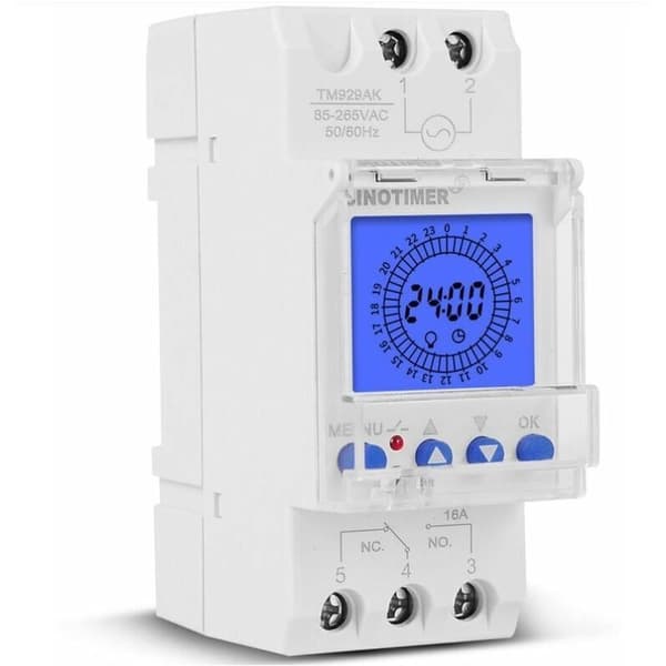 24-timmars programmerbar digital elektronisk klocka med 96 på/av-cykler per dag. Spänning: 85-265V. Ström: 16A. Bakgrundsbelyst LCD-skärm.