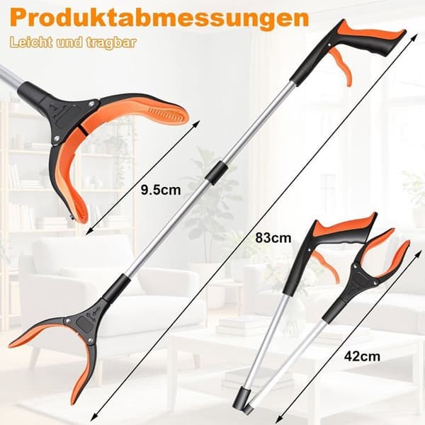 Sett med 2 plukkeverktøy 83 cm, sammenleggbart med roterende hode, magnetisk tupp og sklisikkert håndtak, for eldre og barn