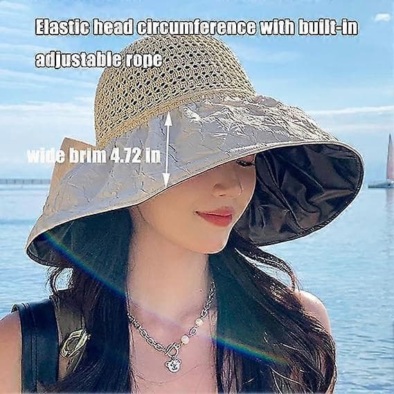 Dame Strand Solhat Bred Skygge Super Solbeskyttelse Solhat med Sort Gummi Solbeskyttelse UV Foldbar Justerbar Solhat Off White