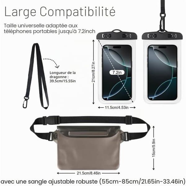 2-i-1 sett med vanntett telefonveske, 2 IPX8 vanntette telefonetuier og 1 vanntett pose med stropp, opptil 7,2\"