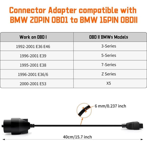 OBD-adapterkabel, 20-pin rund hann til 16-pin hunn OBD2-kontakt, kontakt for 20-pin OBDII diagnostisk skanner for BMW E36 E38 E39 E46 E53