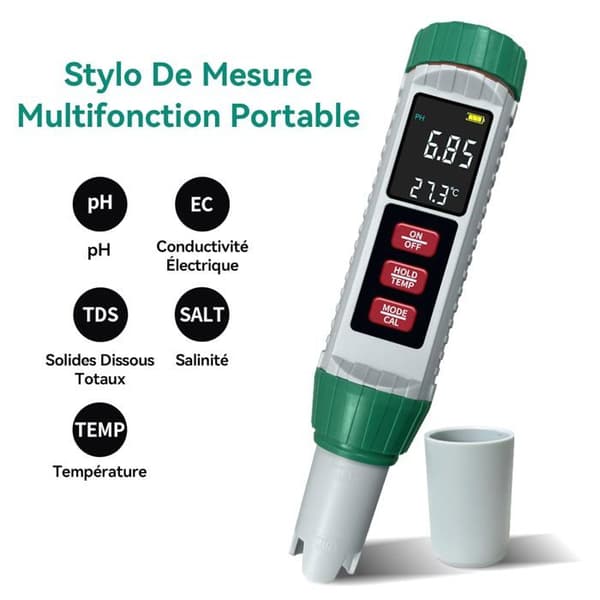 pH-mätare (± 0,01), 5-i-1 pH, TDS, EC, salthalt, termometer, högprecisions pH-testare för pool med bakgrundsbelyst LED-display