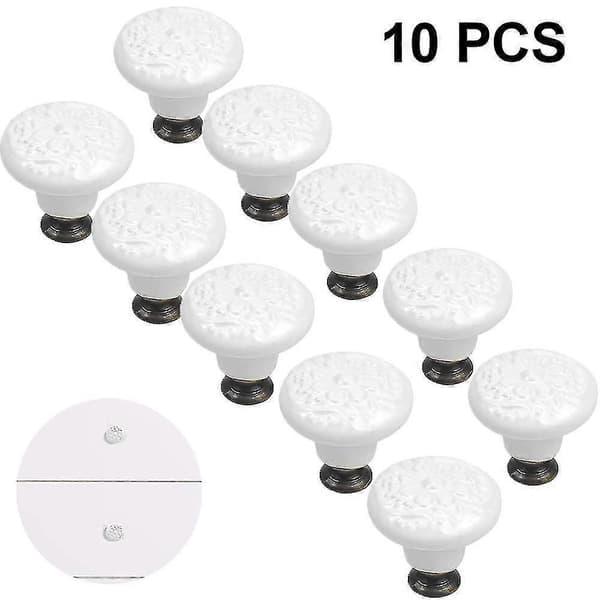 10 Keramiske knopper, gammeldags skabsdørknopper White