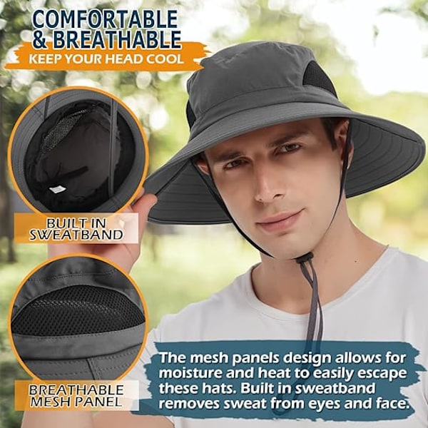 Unisex Solhatt, Vattentät Bredbrättad Bucket Hat Packbar Boonie Hat för Fiske Vandring Trädgårdsskötsel Safari Strand Dark Grey