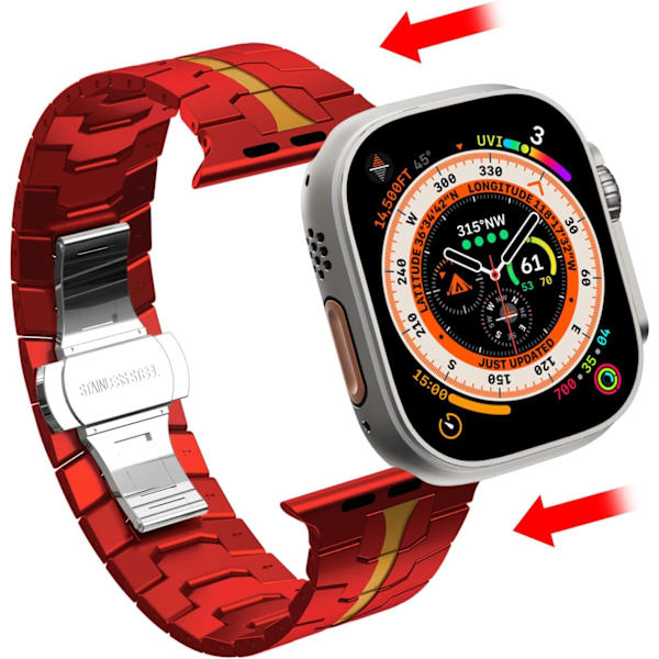Apple Watch Ultra -hihna 49 mm, 45 mm, 44 mm, 42 mm -sarjoille miehille, Metalliset rannekkeet iWatchille, miesten ruostumattomasta teräksestä valmistettu ranneke Red/Gold 38/40/41mm