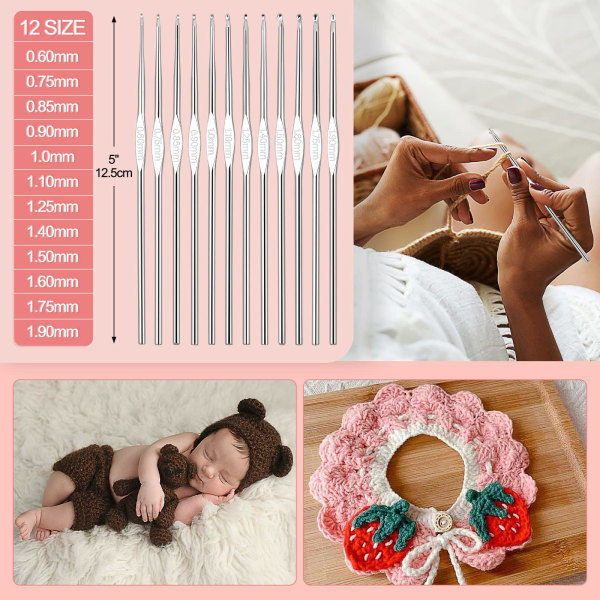 Virka-kit för nybörjare vuxna, stickningsstartpaket för vuxna, inklusive 0,6-6,0 mm metallvirknålar, ull, fodral och sticktillbehör