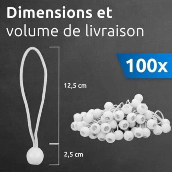 100 elastiska gummiband med plastkula, elastiska krokar, tältgummiband för presenningar, trädgårdspaviljonger, tält, hög spänning vit