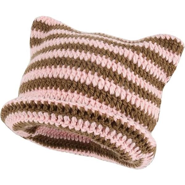 Damkatt Beanie Stickade Mössor med Öron Stickade Vinter Varma Elastiska Mössor Slouchy för Flickor Vuxna Barn Pink