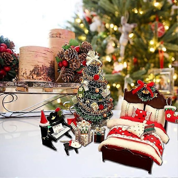 Mini Dockhus Möbler Set, Mini Jul Dockhus Tillbehör, Jul Sovrum Set, 100% Nytt