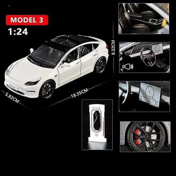 1:24 Tesla Model 3 Model Y Model S Model X Legering Støpt Bilmodell Lyd og Lys Leketøy for Barn Samleobjekt Bursdagsgave Roadster Hvit