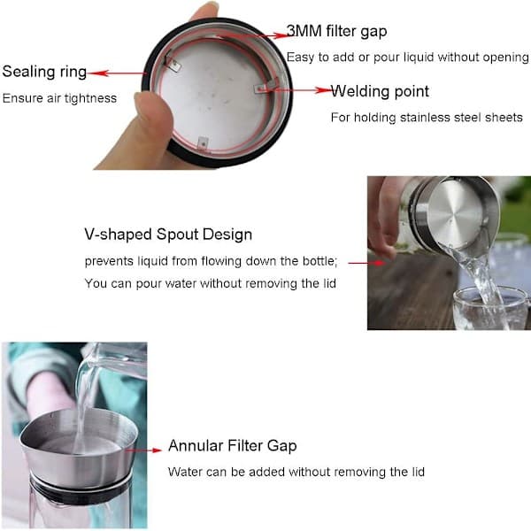 1L Glaskaraffel Glaskande Borosilikatglas Kande med Låg i Rustfrit Stål