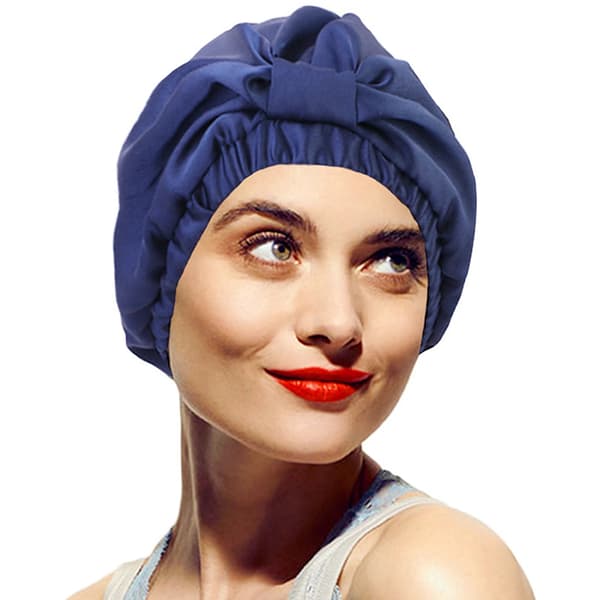 Dame imitert silke dobbeltlags sovehette/hårdeksel/silkehodeplagg med bredt elastisk bånd. Navy blue