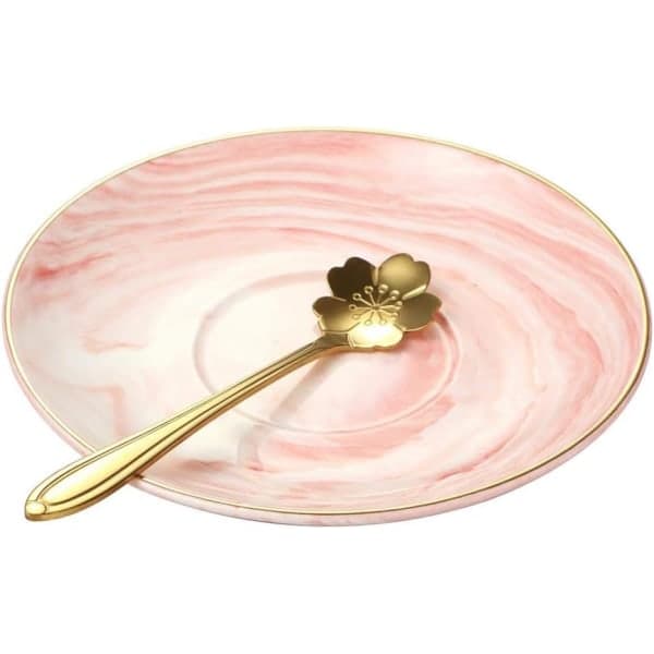 Marmor Keramisk Kopp och Fat Set Kamelia Mönstrad Benporslin Kaffemugg Tekopp Guld Kant med Kaffekopp, Fat och Sked, 200ml (Rosa)