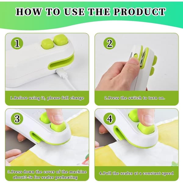 Mini Snackposeforsegler, 2-i-1 Mini Termisk Forsegler, Oppladbar Plastposeforsegler med Magnetisk Base for Plastposer, Snacks, Chipsposer, Hvit