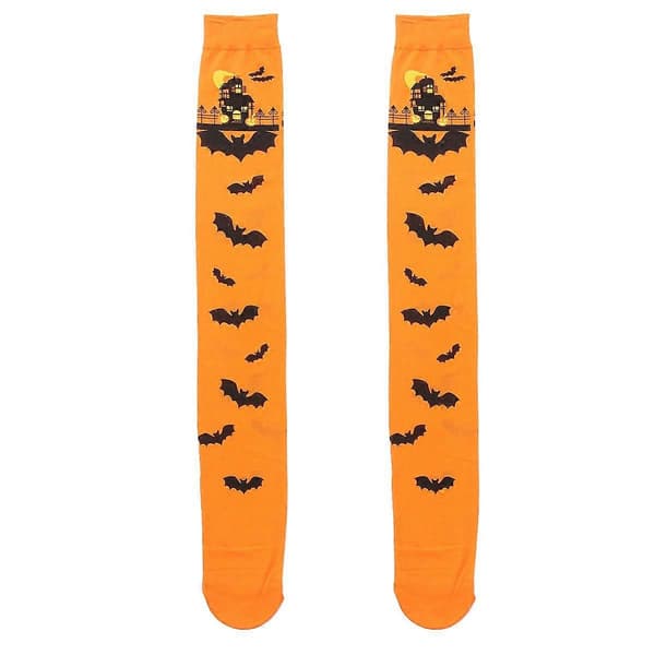 2025 1 par Halloween-trykte sokker Flagermus-trykte strømper Festkostumer Silkestrømper (Orange)