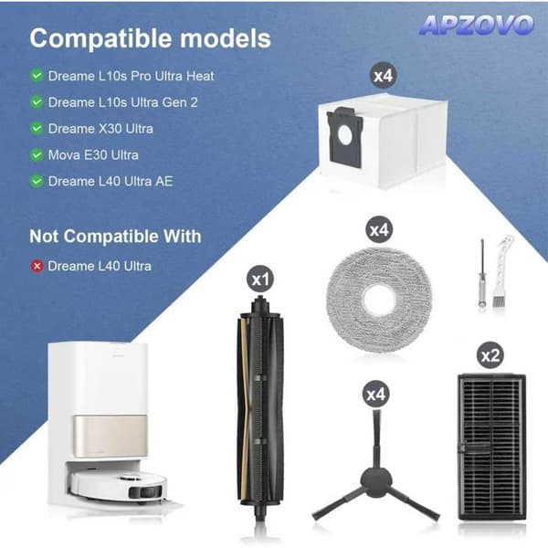 Robot Kit - 1 TriCut Børste, 6 Poser, 2 Filtre, 4 Moppepuder - Til Dreame L10s X30 Mova E