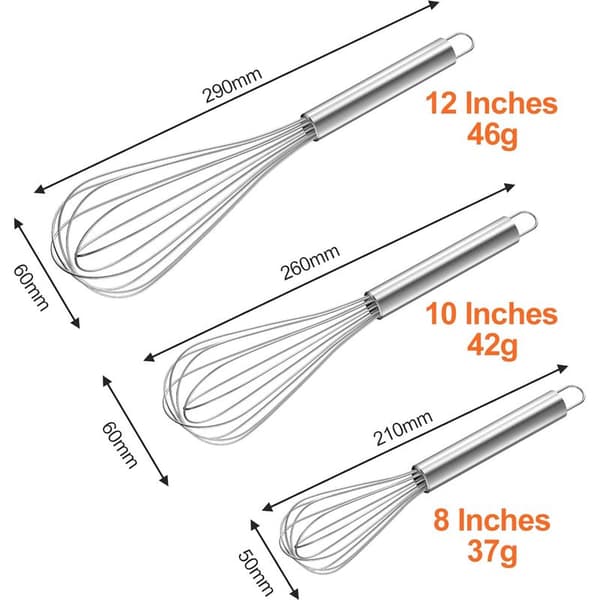 Professionel køkkenpiskeris i rustfrit stål, 3-delt manuel æggepisker sæt (21cm, 26cm, 29cm), piskeris til blanding, omrøring af dej og æg,