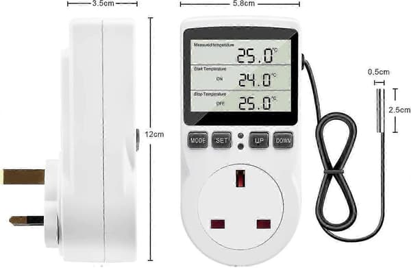 Digital termostat, 230V temperaturkontroller stikkontakt, 13A tidsbryterplugg med sensor for reptil drivhus hjemmefermentering AU