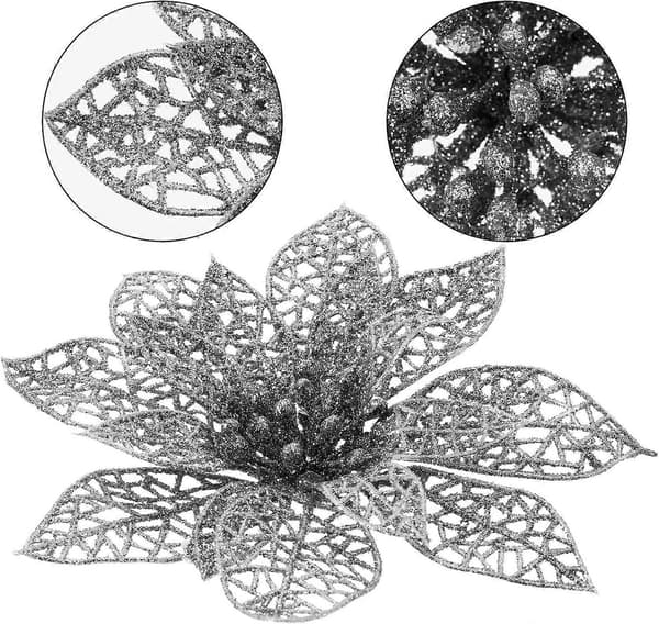 24 stk. Glitter Julestjerne Juletrepynt Juleblomster Dekor Ornament (Sølv, 15cm)
