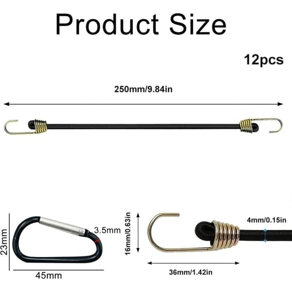 Elastiske Bungee-snore med kroge, pakke med 12 elastiske snore med karabinhager, 25 cm elastiske Bungee-snore
