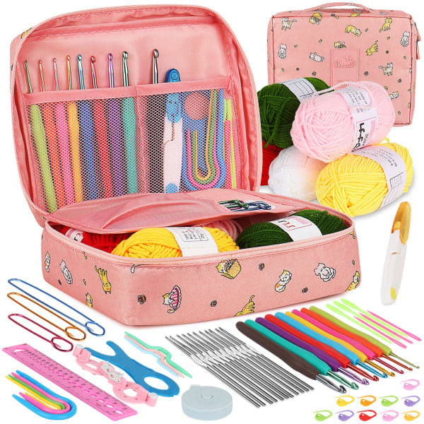 Virka-kit för nybörjare vuxna, stickningsstartpaket för vuxna, inklusive 0,6-6,0 mm metallvirknålar, ull, fodral och sticktillbehör