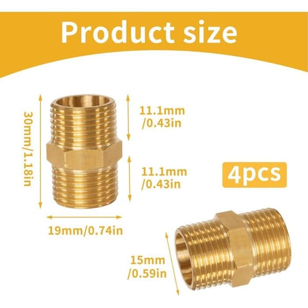 Rørfitting - 4 Stykker - Messing - 1/2\" BSP Udvendigt Gevind - Lige Sekskantet Forbinder - VVS & Varme
