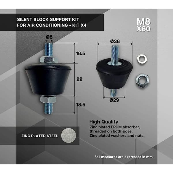 Konisk Silent Block för Luftkonditionering M8 Antivibrationsfötter med Muttrar och Brickor, Förpackning med 4 M8 Silent Blocks