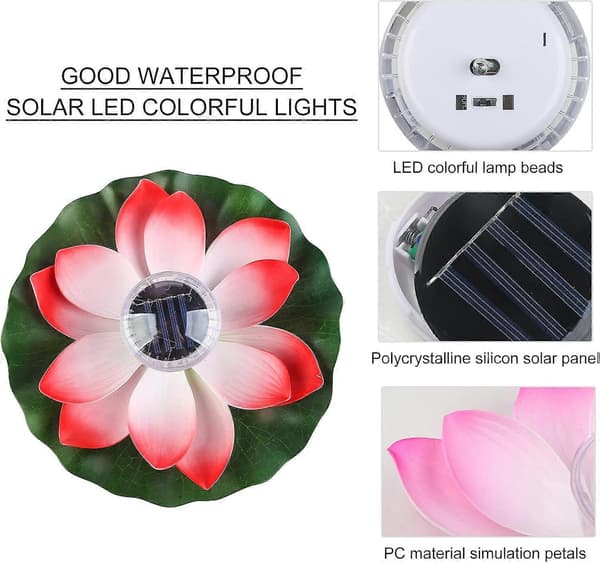 Solcellsdammbelysning, flytande lotusblomma solcellsdriven poolbelysning trädgårdsdamm solcellslilja Lotus Light (Red)