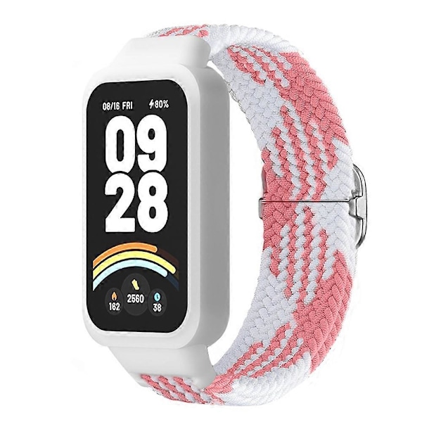 Til Xiaomi Smart Band 9 Active Redmi Band 3 Vævet Nylon Rem Snap-On Etui Urrem - Pink Hvid Multicolor Pink White
