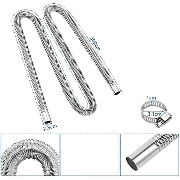 Eksosslange for strømgenerator 25 mm eksosslange 300 cm rustfritt stål ekstravarmer eksos med 2 stk rustfrie stålklemmer for biler 120cm