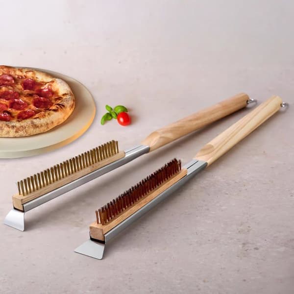 Pizzauuniharja - 1 kpl - Messinkiä ja puuta - Integroitu kaavin - Grilli- ja kivipuhdistus
