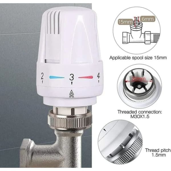 Sett med 4 termostatiske radiatorventilhoder, M 30 x 1,5, erstatningsradiatorventilhoder, termostatiske radiatorventiler