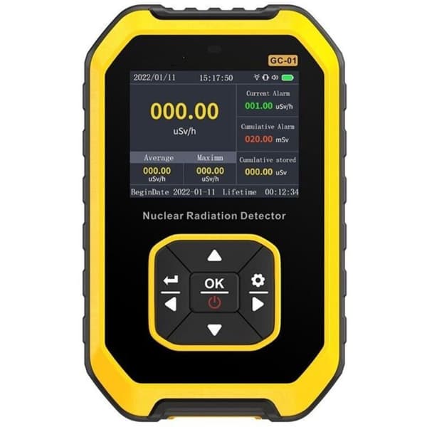 Bærbar LCD Geiger-teller med røntgen-, γ- og β-deteksjon; hørbare, visuelle og vibrasjonsalarmer; 1200mAh oppladbart litiumbatteri