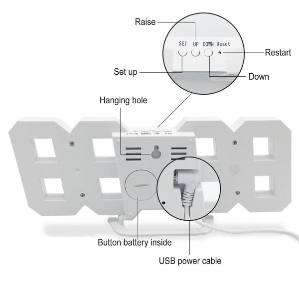 LED Digital Display Veggklokke Lysende Nattmodus Justerbar Elektronisk Bordklokke Veggklokke Dekor Stue LED Klokke [dB} Hvit White
