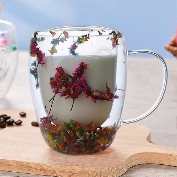Torkade Blommor Dubbelväggig Klar Glas Kaffemugg 250/350ml Isolerad Glas Kopp för Varma Kalla Drycker Cappuccino Latte Espresso Kopp Unik Gåva för Kvinnor 350ml