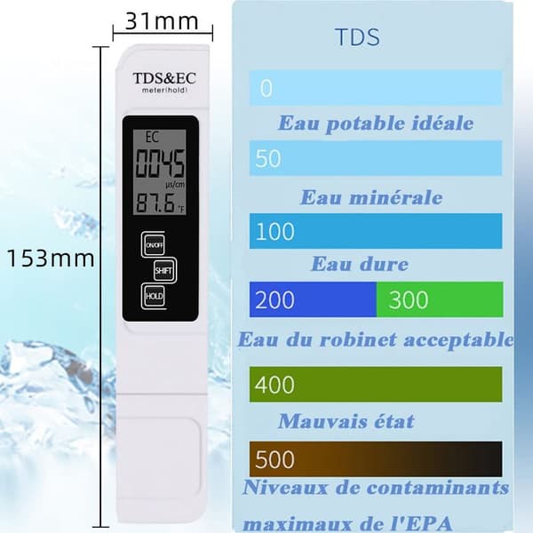TDS EC 3-i-1 Digital Vattenkvalitetstestare Mätare med LCD-display, Temperatur- och Konduktivitetsmätning (0-9999 PPM), Dricksvattenkvalitet