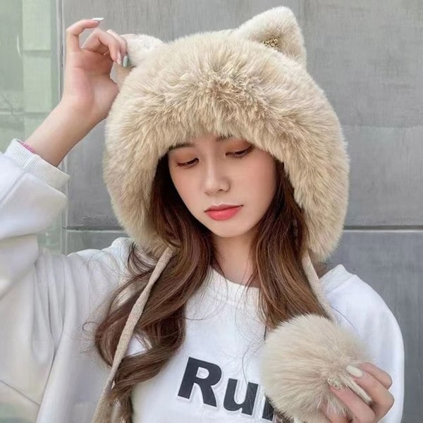 Damernas Två Boll Kattöron Öronlapp Beanie Varm Stickad Hattar Fluffig Plysch Tjock Päls Vinterhatt Khaki