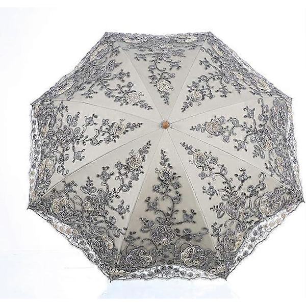 Dam Lace 2-delad UV Parasoll Snö/Regn/Sol Paraply Broderi Bröllopsparaply Grey