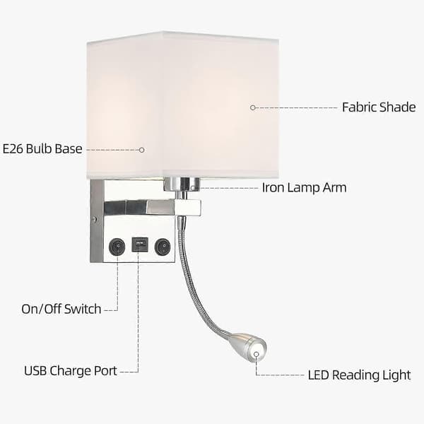 Væglamper, moderne væglamper til soveværelse med USB-port og læselampe, sengelamper til hotel, stue, kontor (sølv)