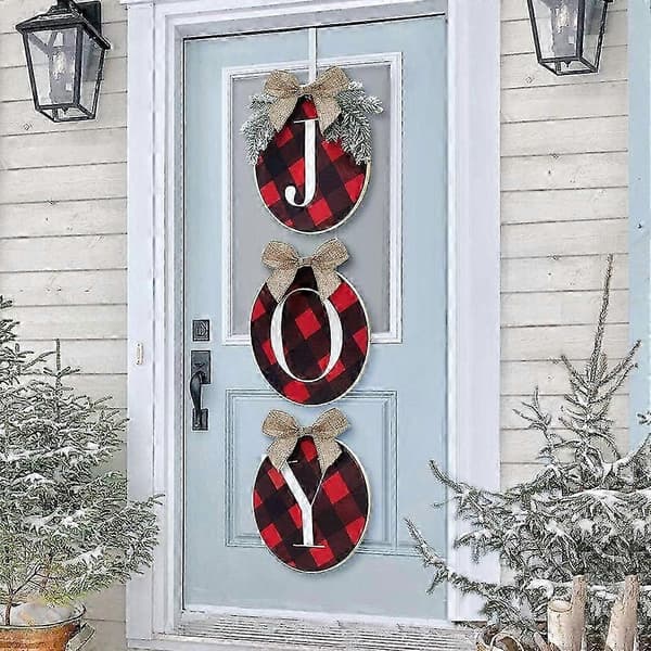 3 stk. julepynt, 34 cm ternet plaidkrans til hoveddør, rustik burlap træ julepynt rød sort julekrans