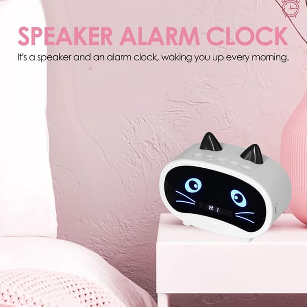 Bluetooth Clock Speaker, Multifunktionel Trådløs Vækkeur Bluetooth Højttaler MP3 Afspiller, Sødt Katteøre Design, Understøtter Bluetooth/Hukommelseskort Input