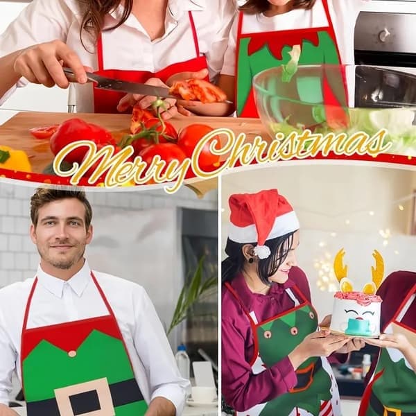 Set med 5 jul förkläden, dekorativa förkläden med jultomten klädd som en tomte