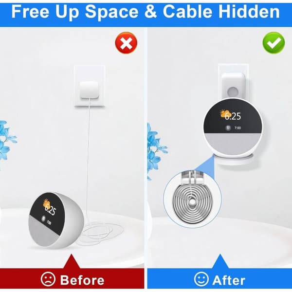 Veggmontert stikkontaktholder for Echo Spot - Google høyttalerholder - Integrert kabelhåndtering - Veggfeste - Borefrie tilbehør